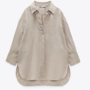 ZARA 100% Linen Button Up Shirt Womens M Oversized Relaxed Neutral Beach Resort